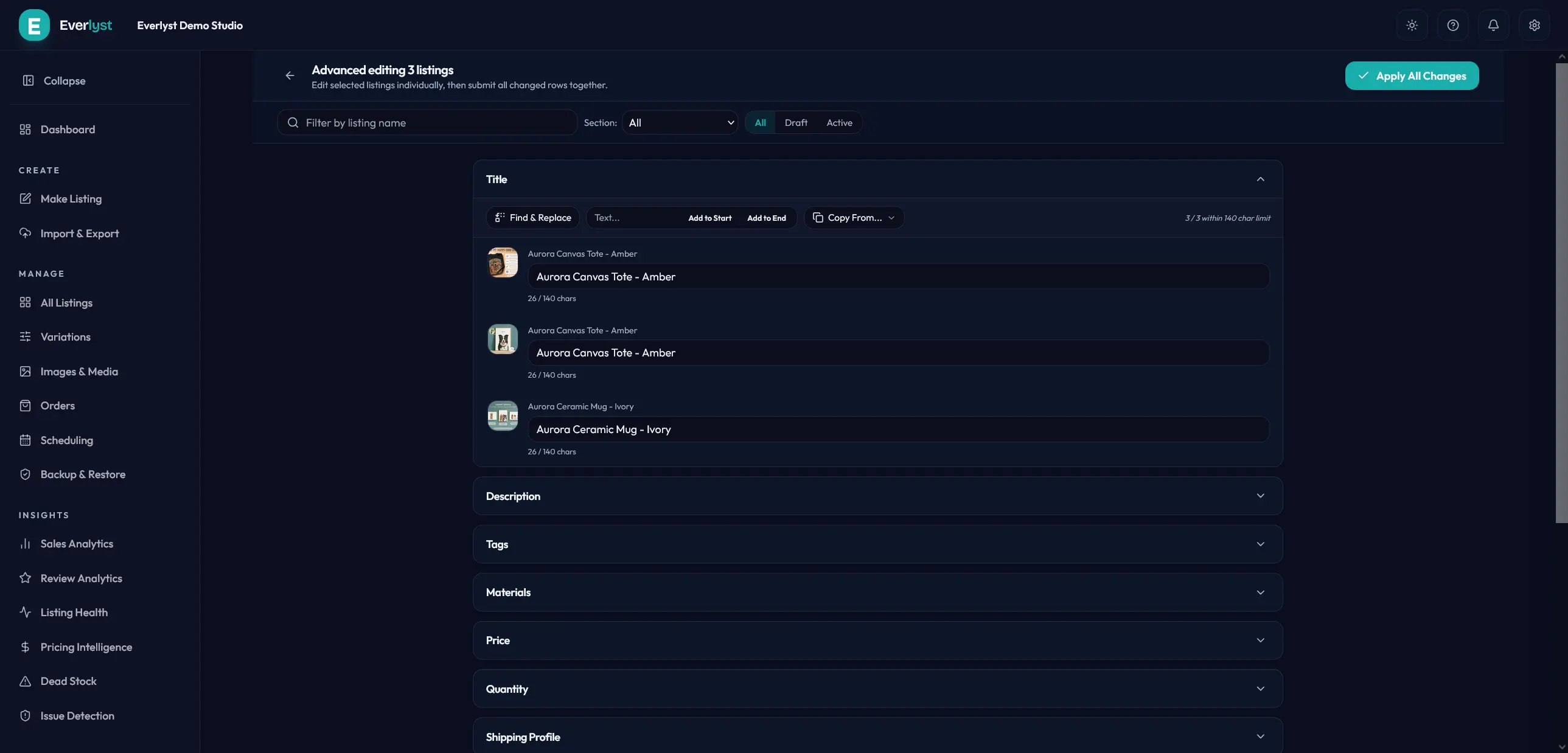 Page Advanced Edit Everlyst avec une valeur par fiche produit.
