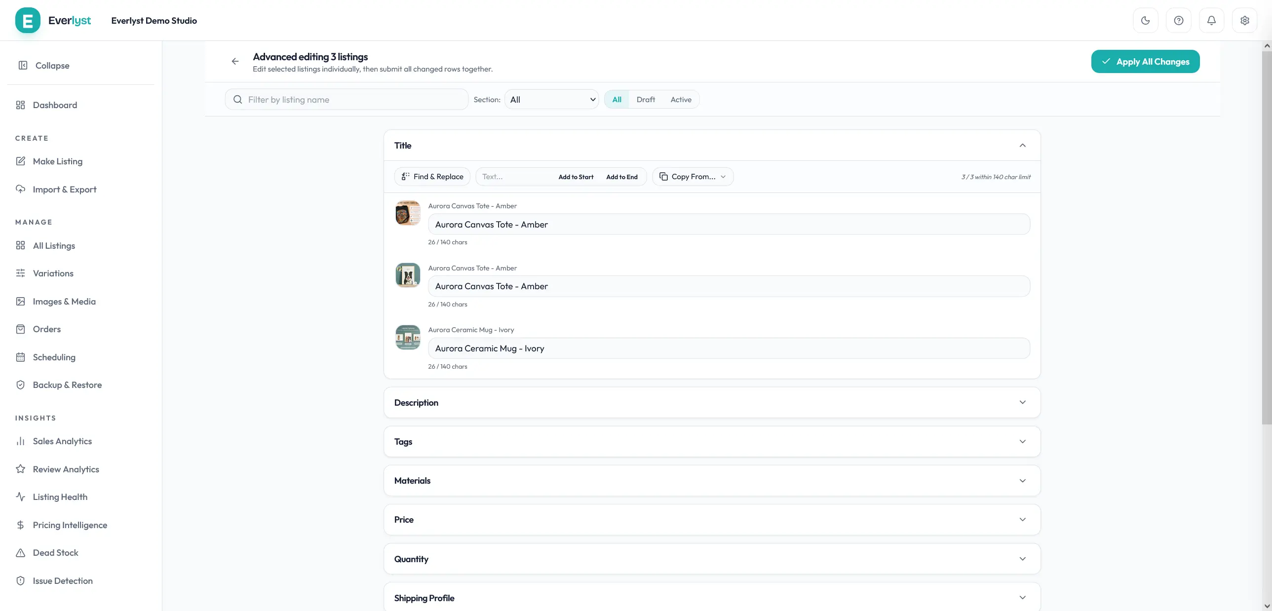 Page Advanced Edit Everlyst avec une valeur par fiche produit.