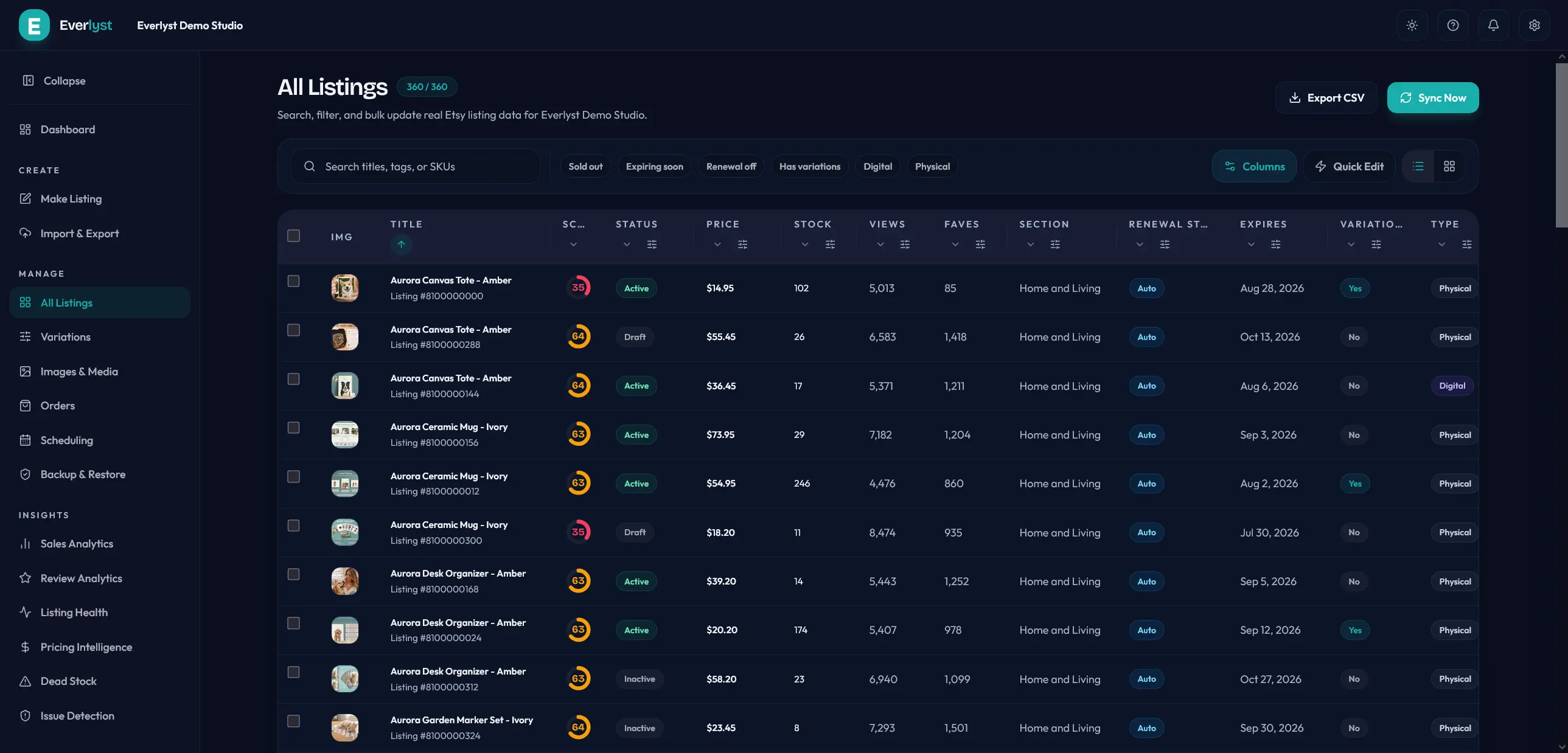 Espace Everlyst avec tableau de fiches produits consultable.