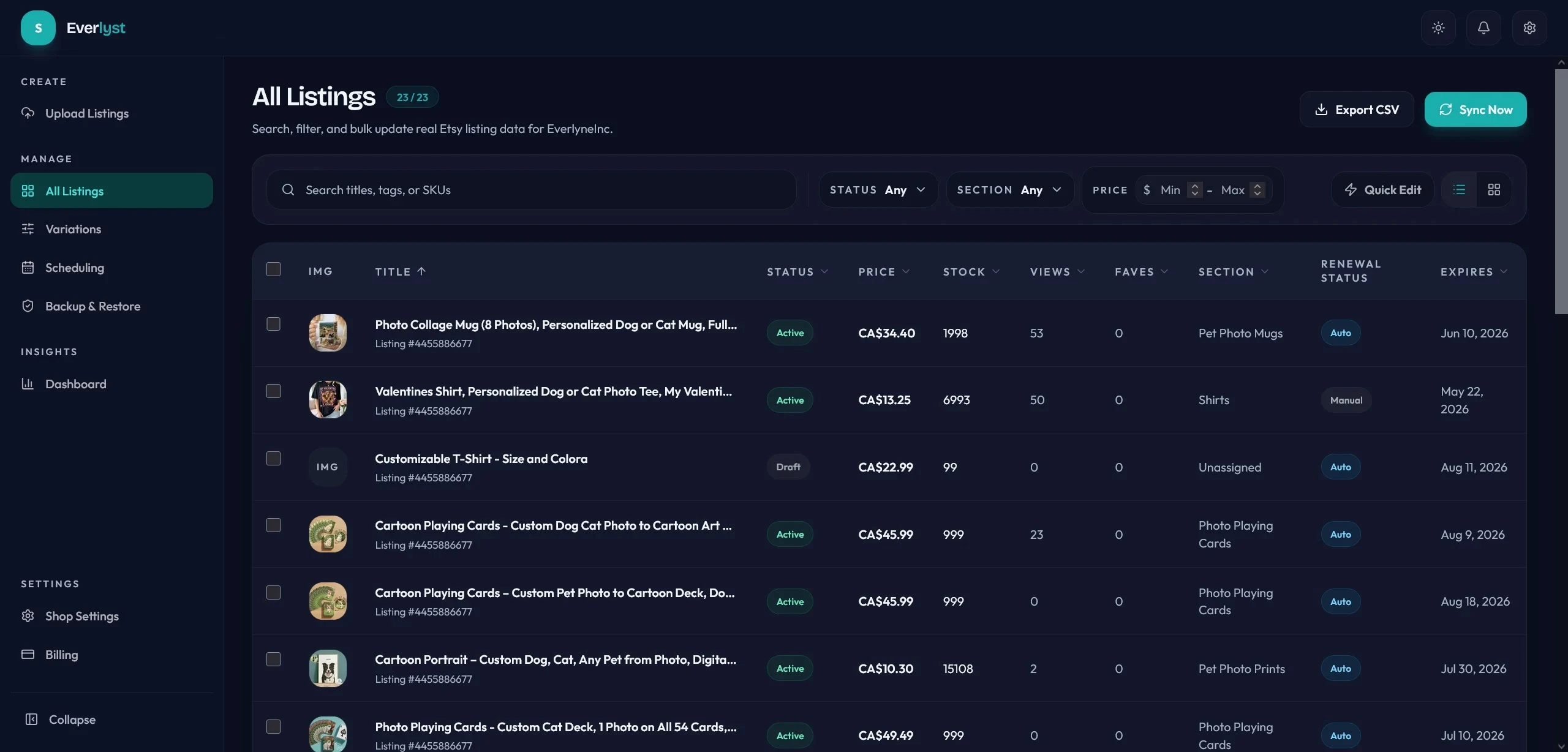 Everlyst listings table showing synced Etsy catalog controls.