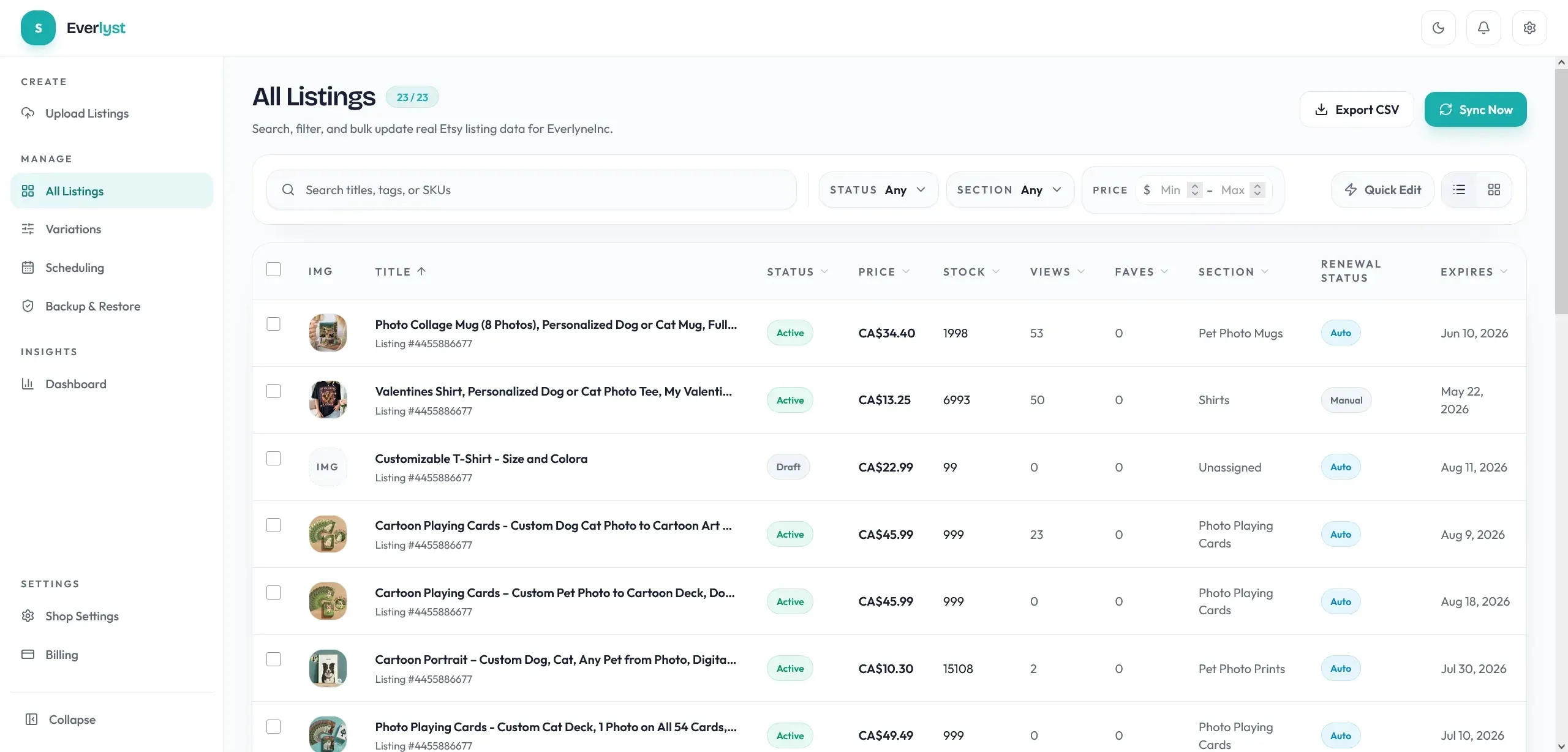 Everlyst listings table showing synced Etsy catalog controls.