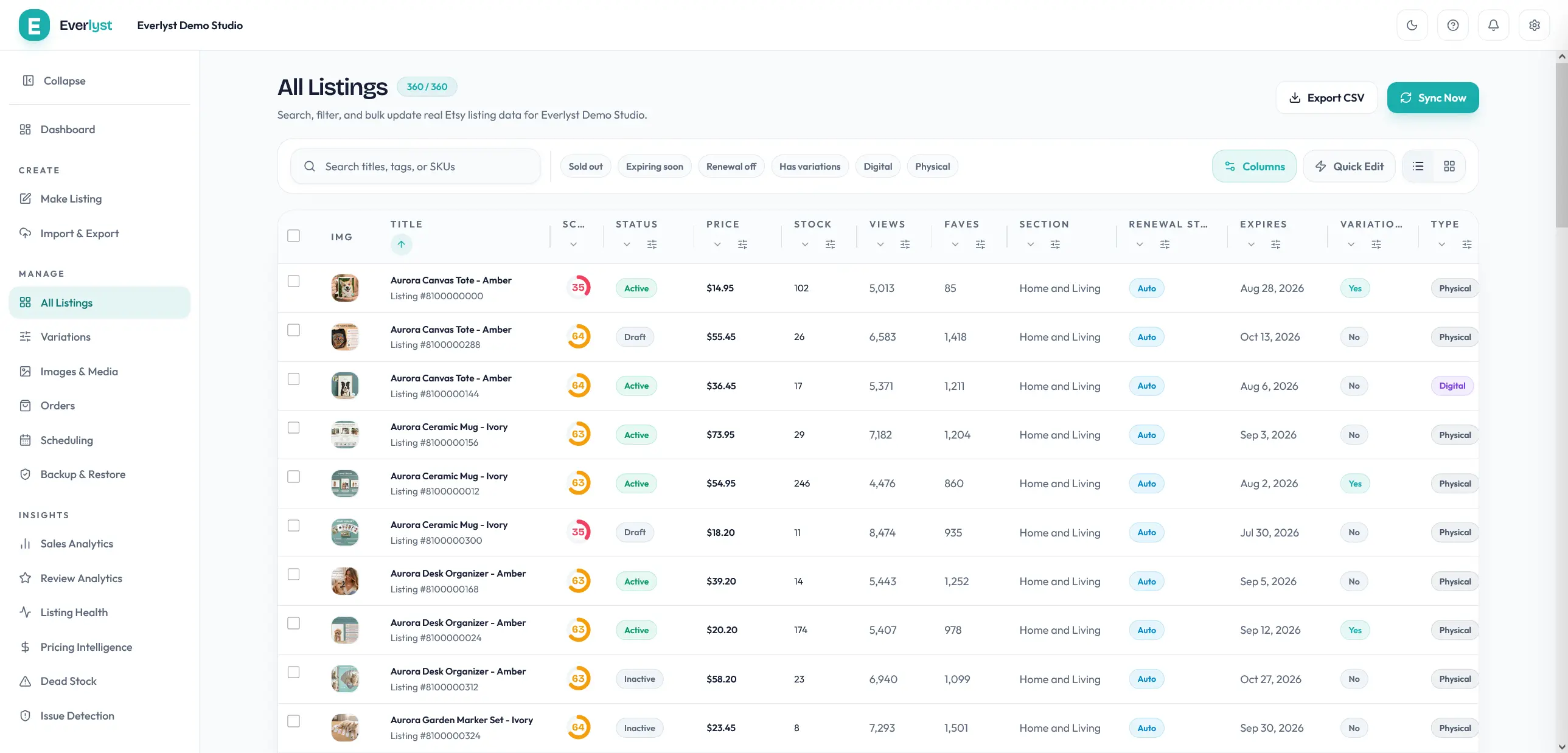 Espace Everlyst avec tableau de fiches produits consultable.