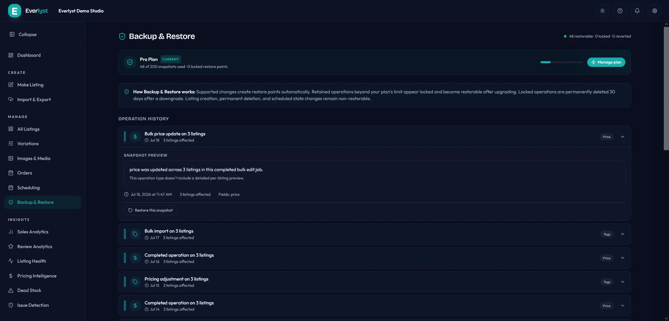 Écran Backup & Restore Everlyst avec restauration d’un instantané.