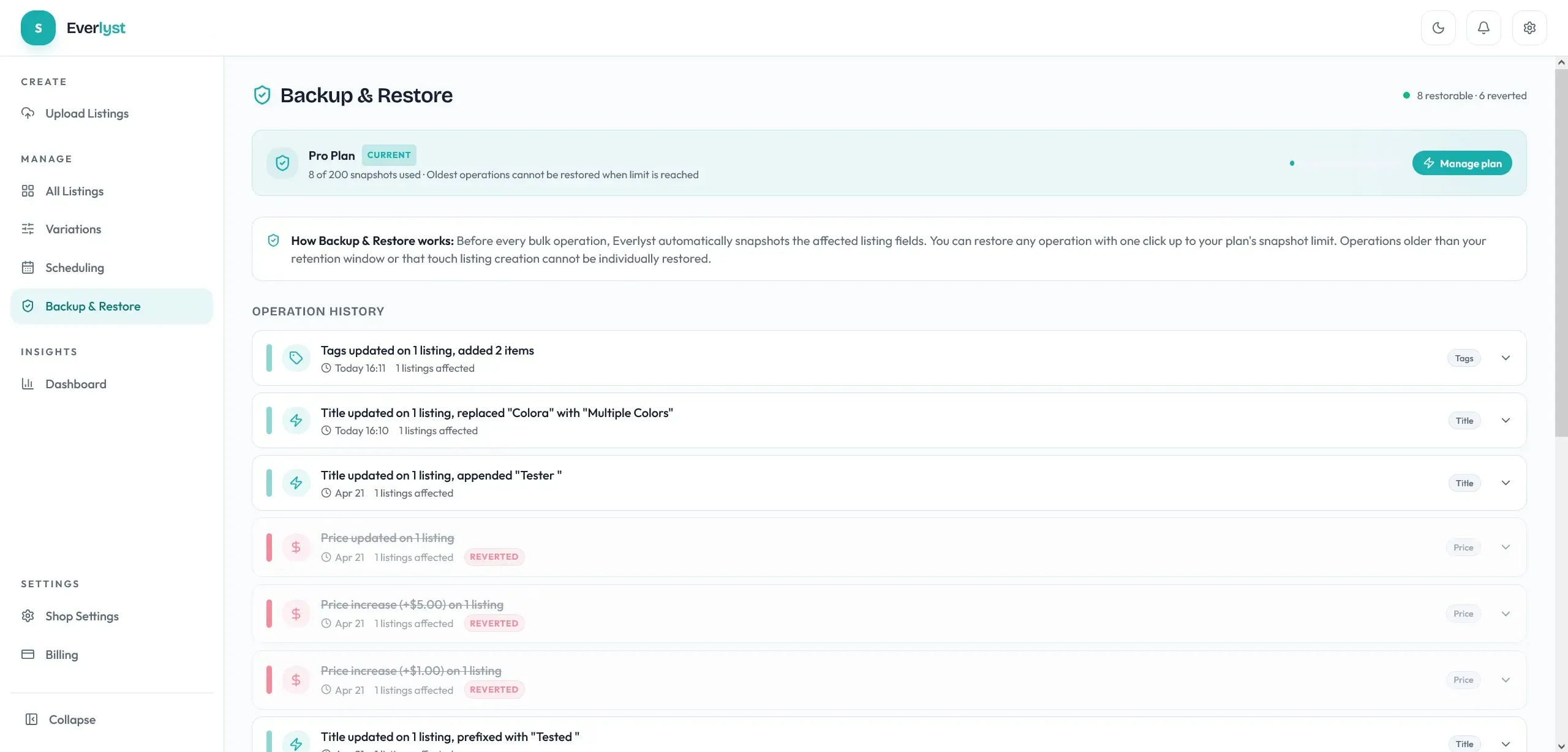 Everlyst backup and restore screen showing snapshot-based rollback controls.