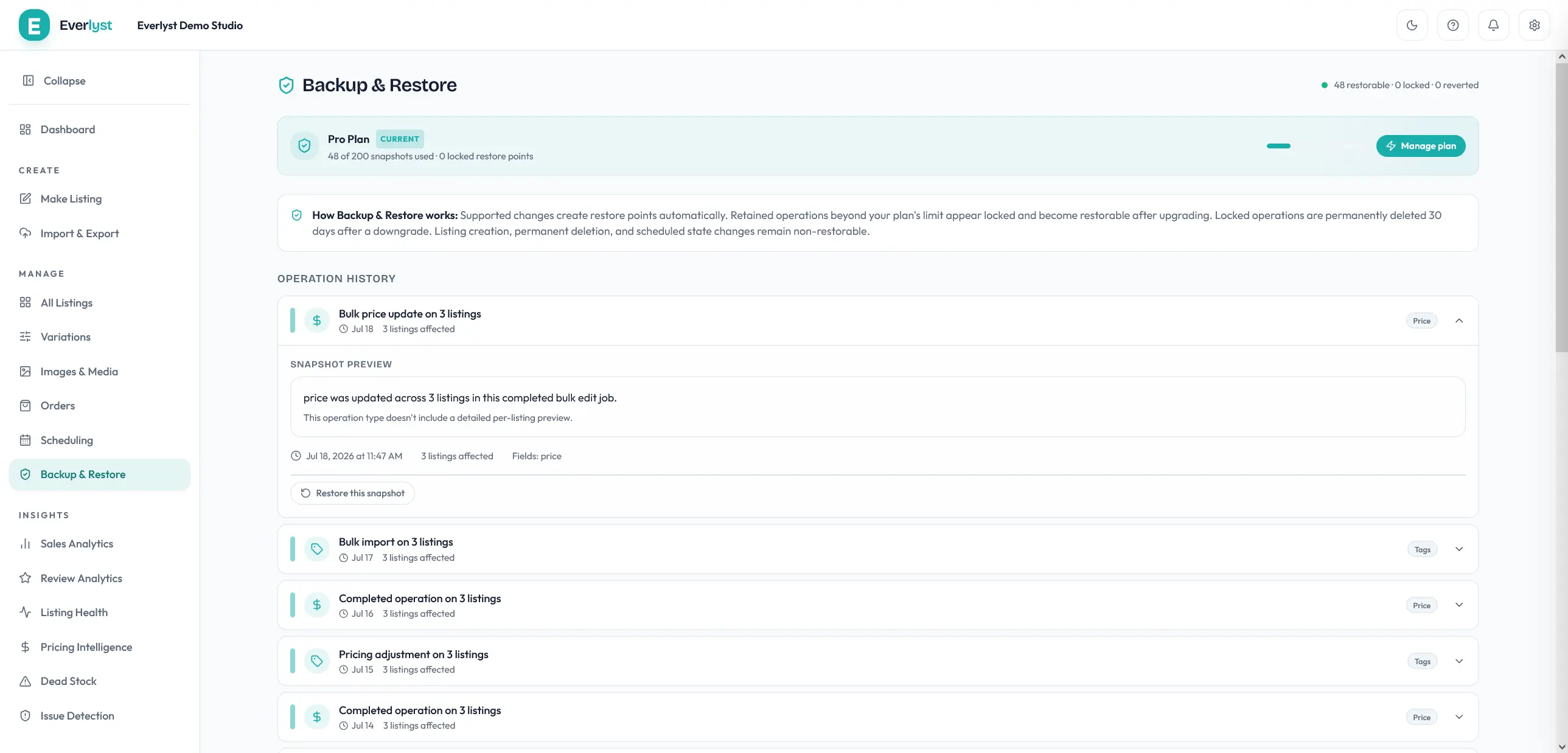 Écran Backup & Restore Everlyst avec restauration d’un instantané.