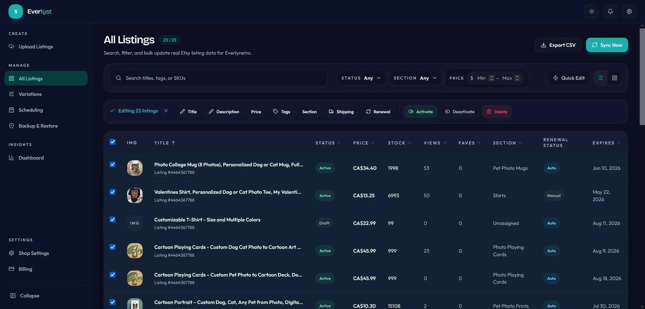 Everlyst bulk edit workflow showing field changes across many listings.
