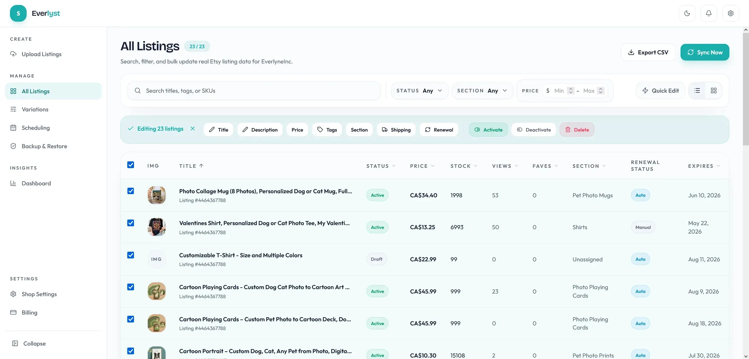 Everlyst bulk edit workflow showing field changes across many listings.