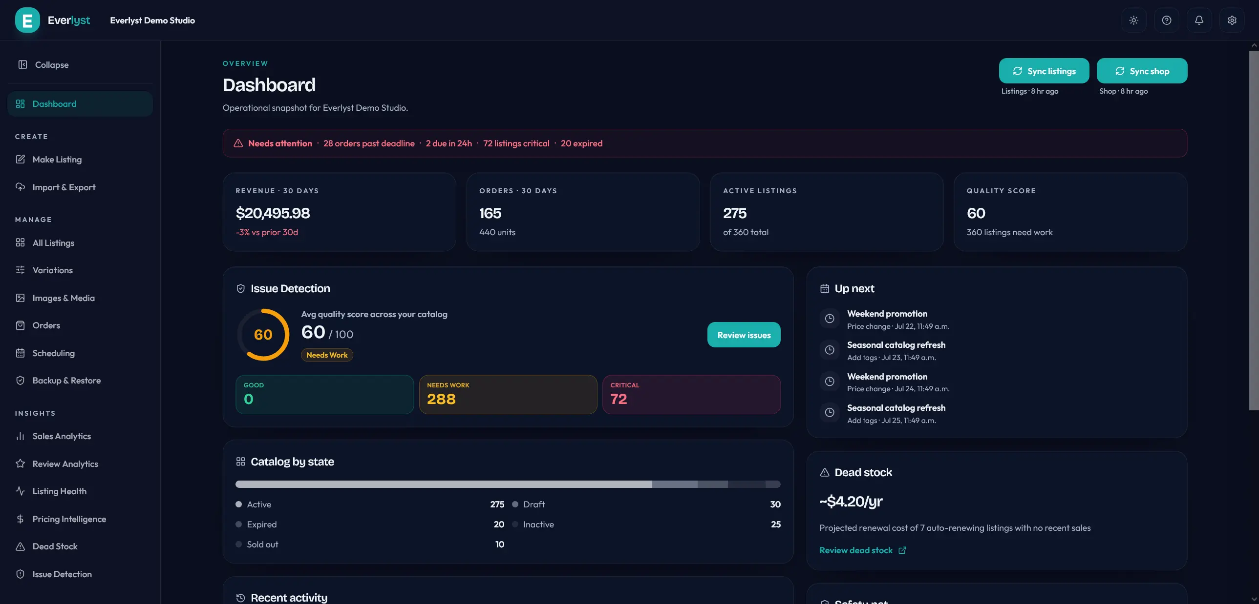 Tableau de bord Everlyst avec les indicateurs de la boutique et l’état du catalogue.