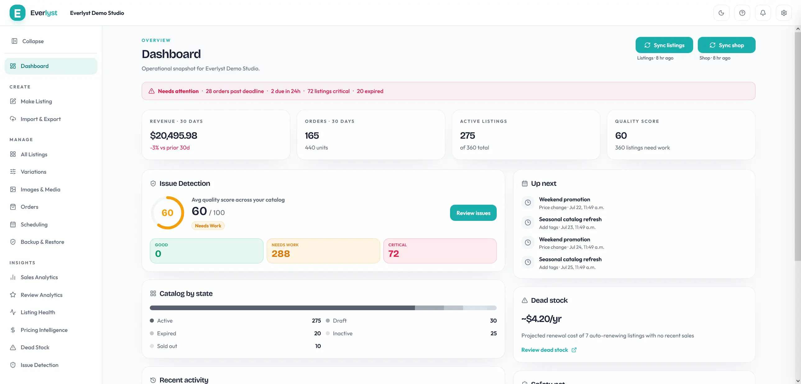 Tableau de bord Everlyst avec les indicateurs de la boutique et l’état du catalogue.