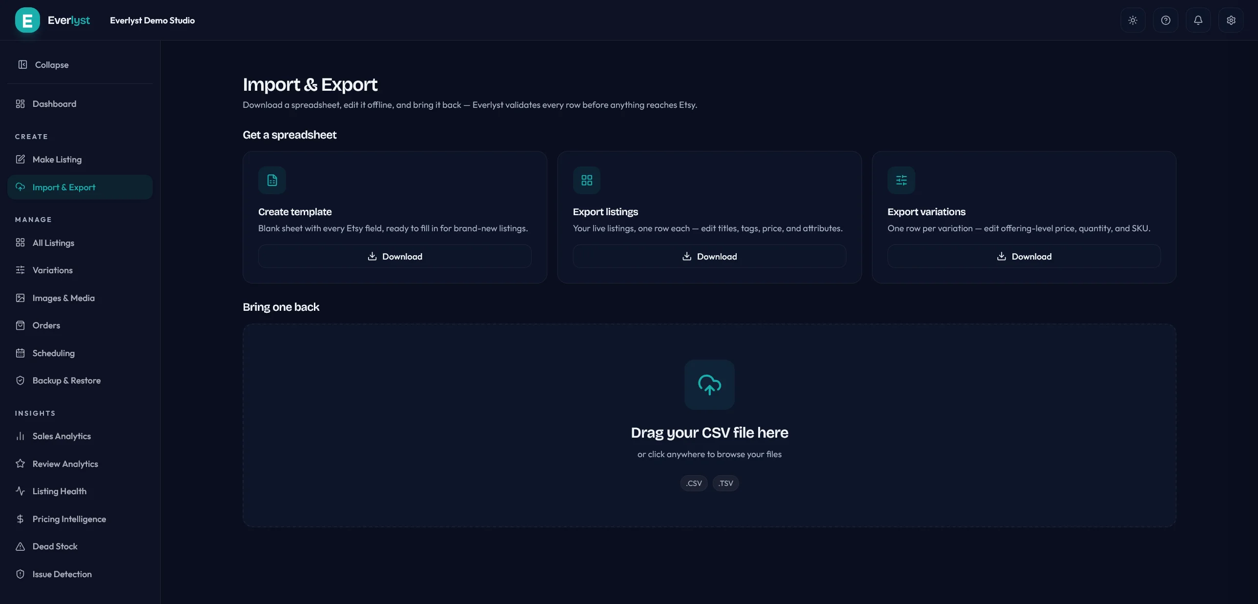 Everlyst import and export page ready for a spreadsheet upload.