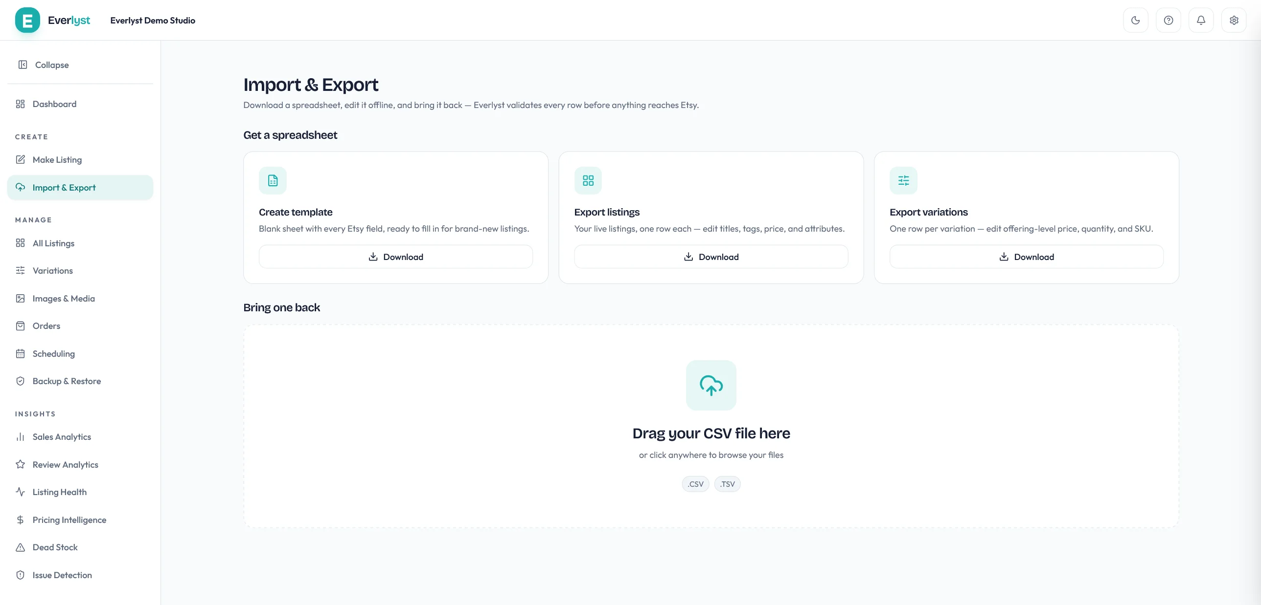 Everlyst import and export page ready for a spreadsheet upload.