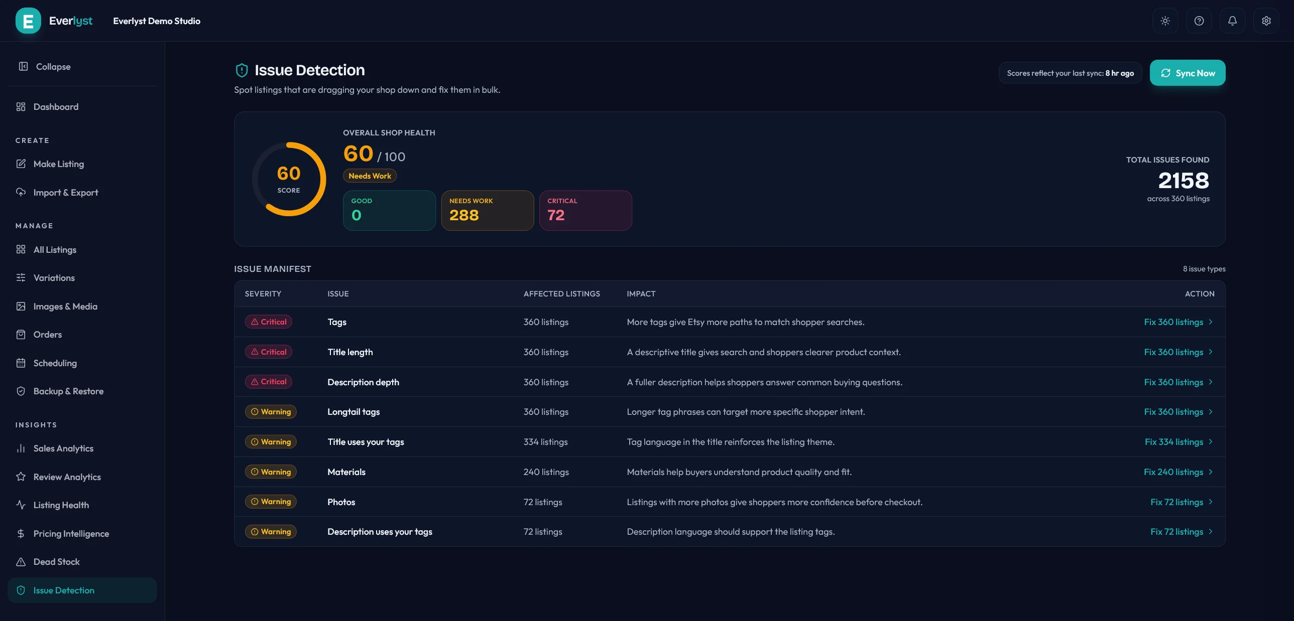 Écran Issue Detection Everlyst avec points de nettoyage regroupés.