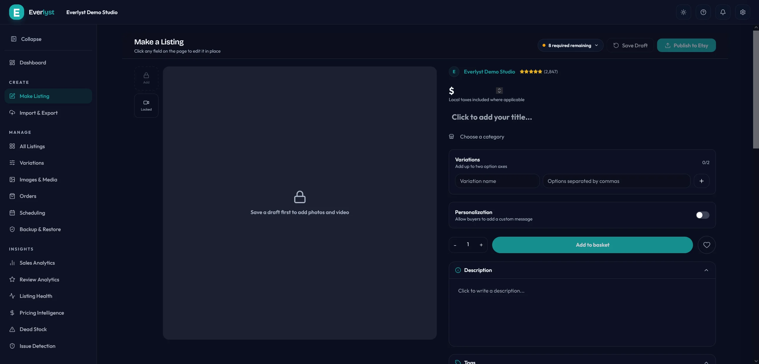 Éditeur Make Listing Everlyst dans la mise en page vue par les acheteurs.