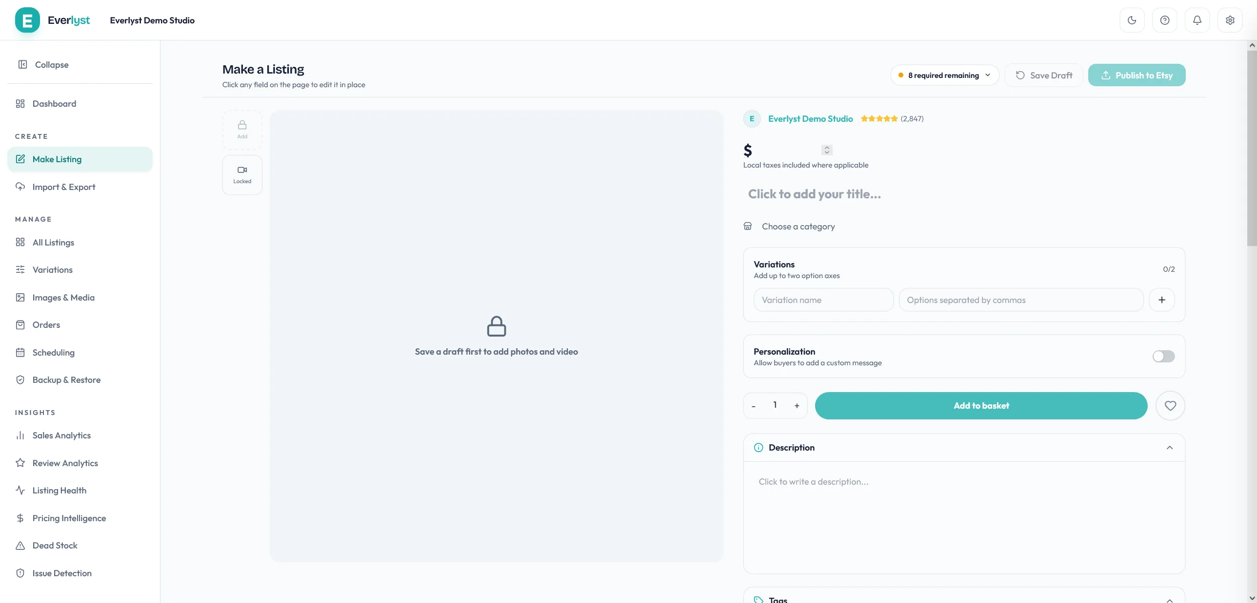 Éditeur Make Listing Everlyst dans la mise en page vue par les acheteurs.