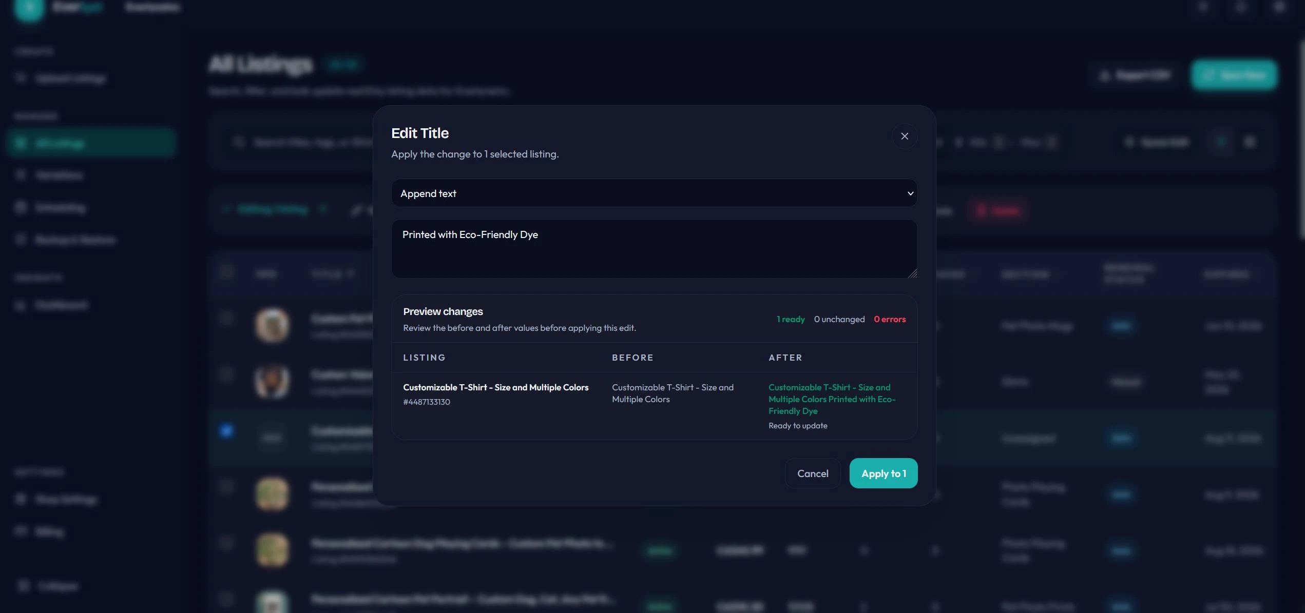 Everlyst review screen showing listing changes before publish.