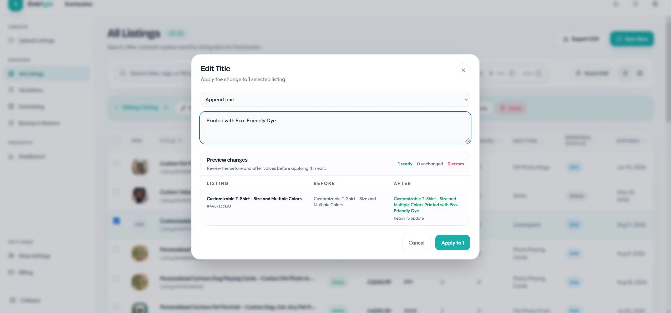 Everlyst review screen showing listing changes before publish.