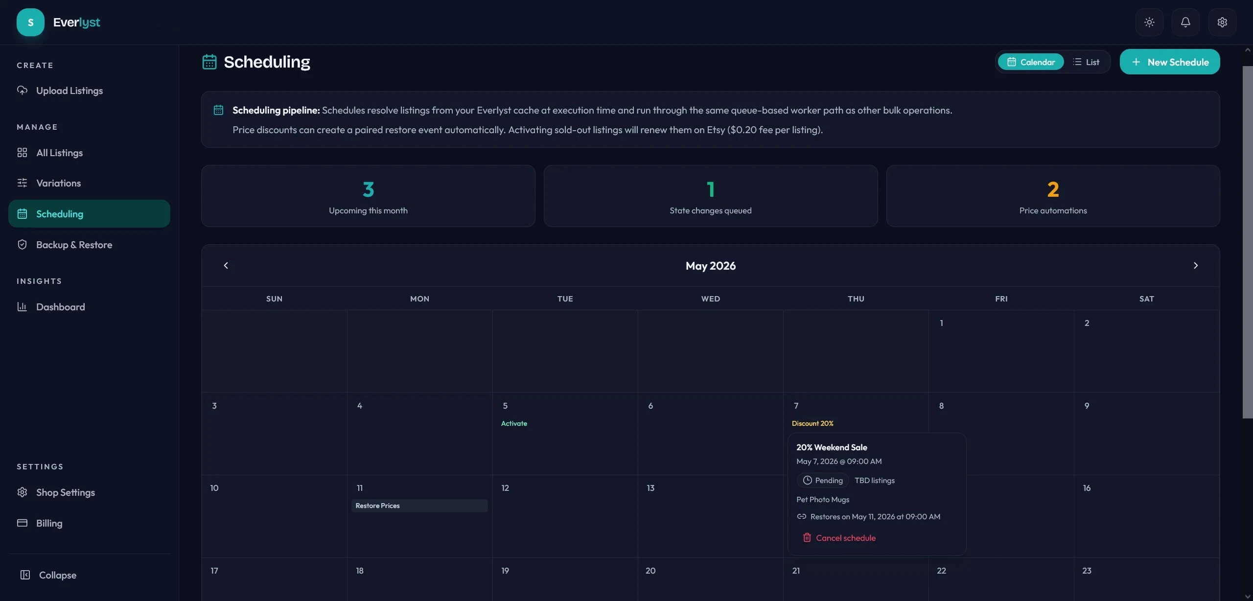 Everlyst scheduling workflow showing future-dated listing changes.