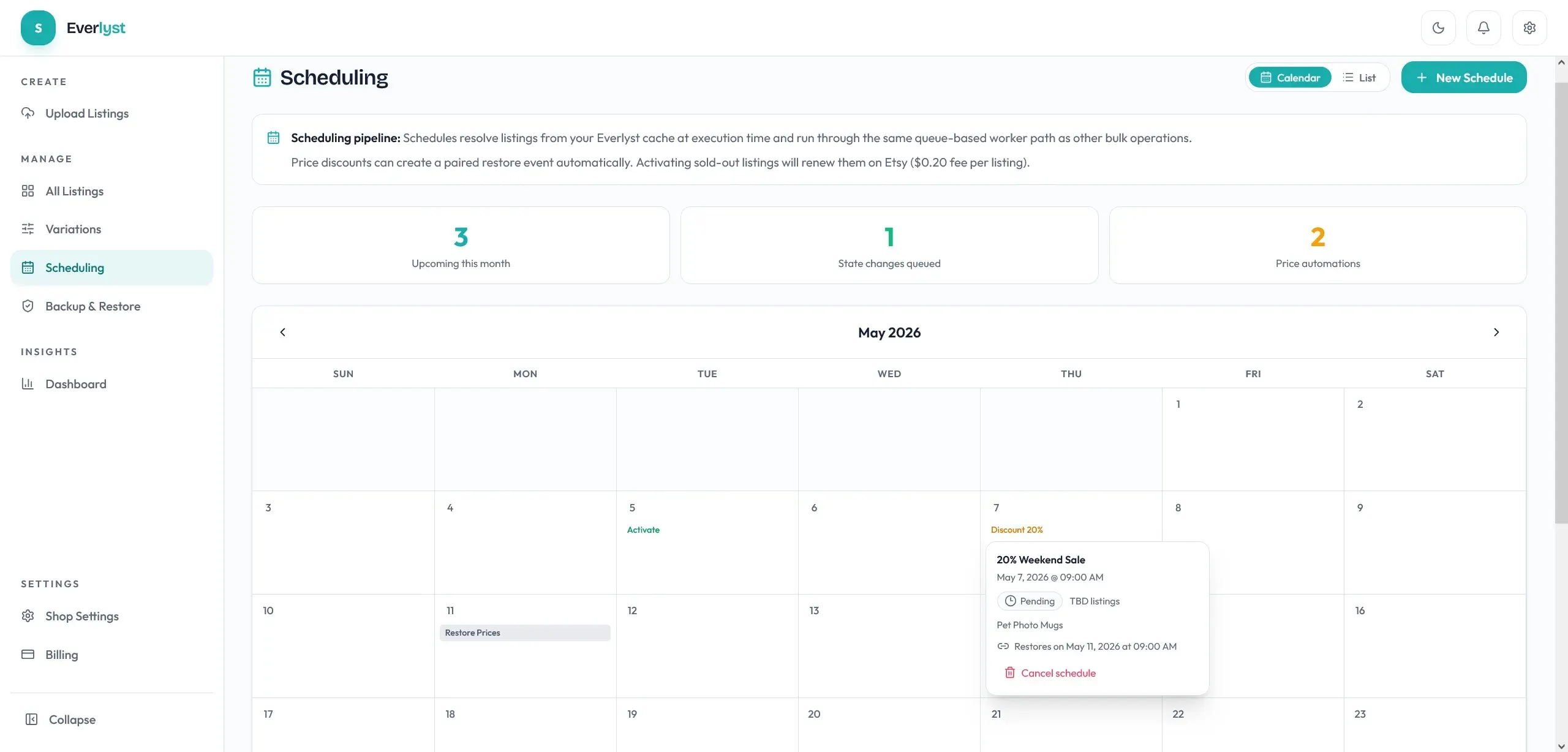 Everlyst scheduling workflow showing future-dated listing changes.