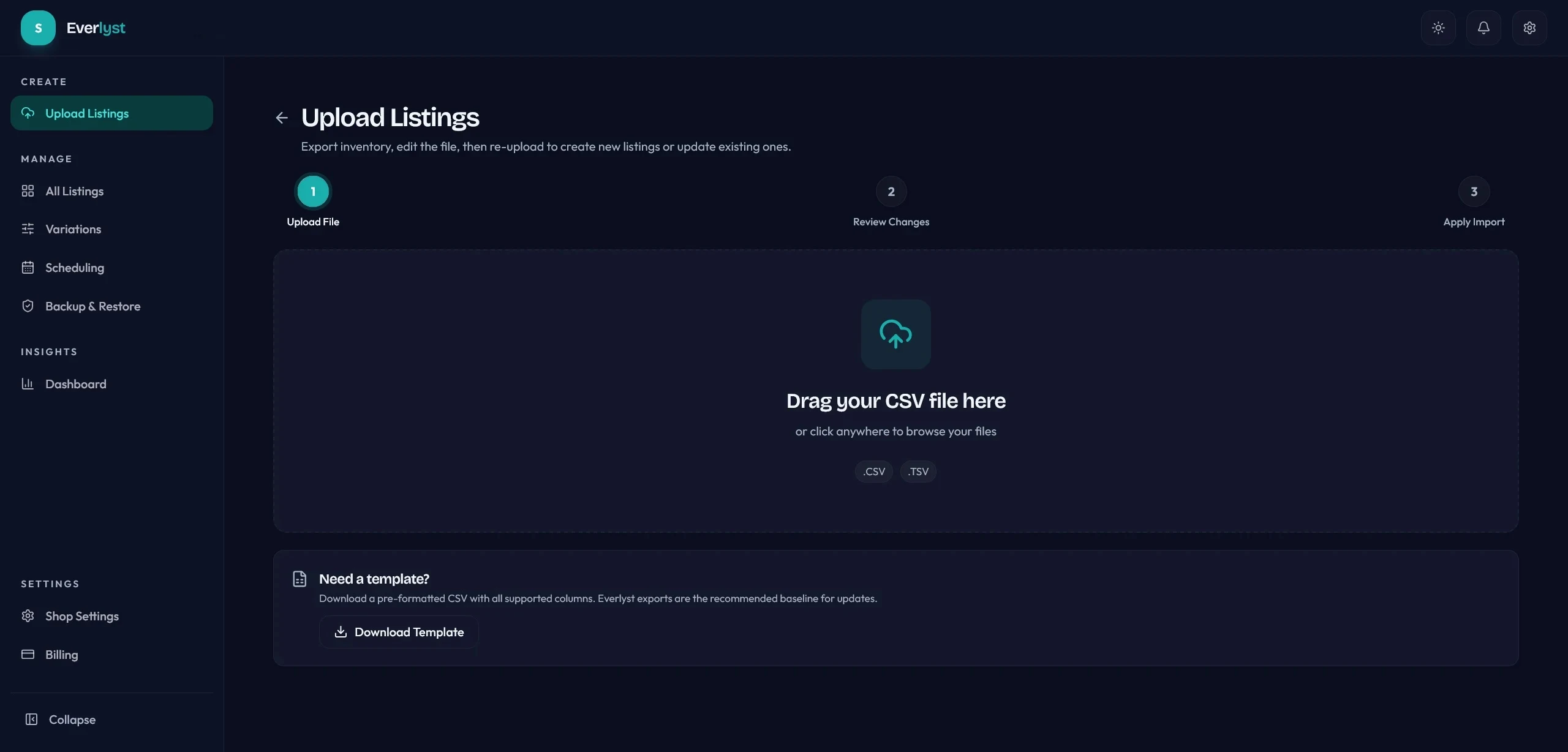 Everlyst upload listings flow with drag and drop import state.