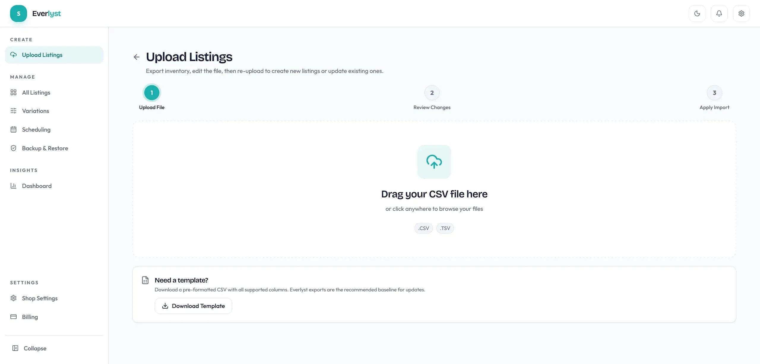 Everlyst upload listings flow with drag and drop import state.